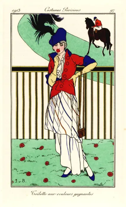 Framed Print : Woman in outfit for the racetrack in winning colours, 1913 Framed Print : Woman in outfit for the racetrack in winning colours, 1913