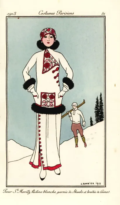 Framed Print : Woman in outfit for St. Moritz in embroidered white frieze Framed Print : Woman in outfit for St. Moritz in embroidered white frieze