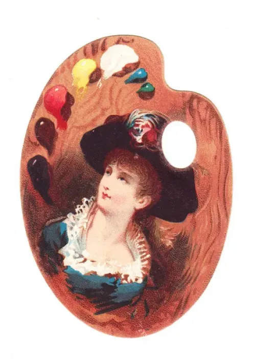 Framed Print : Woman on a palette-shaped greetings card Framed Print : Woman on a palette-shaped greetings card