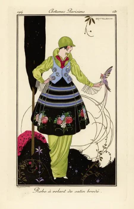 Framed Print : Woman in pea-green dress with embroidered satin skirt Framed Print : Woman in pea-green dress with embroidered satin skirt