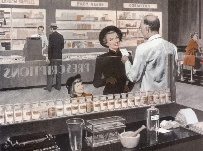 Framed Print : Woman and Pharmacist Date: 1948 Framed Print : Woman and Pharmacist Date: 1948