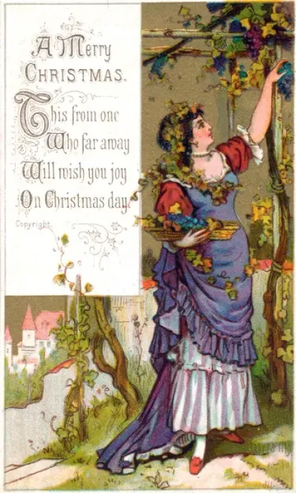 Framed Print : Woman picking grapes on a Christmas card Framed Print : Woman picking grapes on a Christmas card