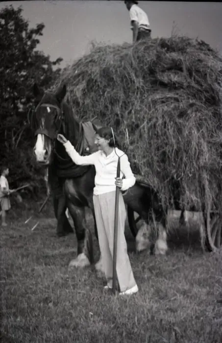 Framed Print : Woman with pitchfork stroking a horse Framed Print : Woman with pitchfork stroking a horse