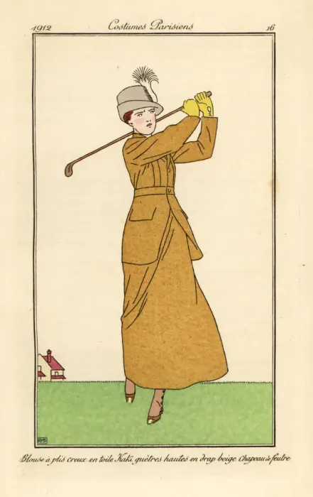 Framed Print : Woman playing golf in a loosely pleated toile suit Framed Print : Woman playing golf in a loosely pleated toile suit