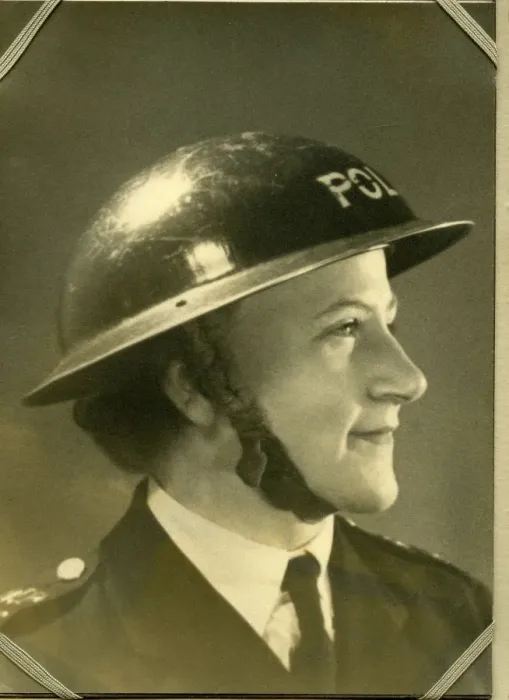 Framed Print : Woman police officer in air raid helmet, London, WW2 Framed Print : Woman police officer in air raid helmet, London, WW2