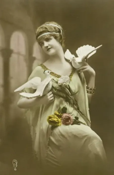 Framed Print : Woman posing with doves and flowers Framed Print : Woman posing with doves and flowers