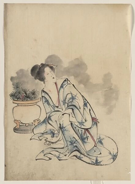 Woman, possibly a courtesan, sitting next to a flowerpot, fa