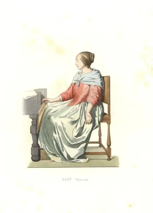 Framed Print : Woman of quality seated at a spinet, Holland, 17th century Framed Print : Woman of quality seated at a spinet, Holland, 17th century