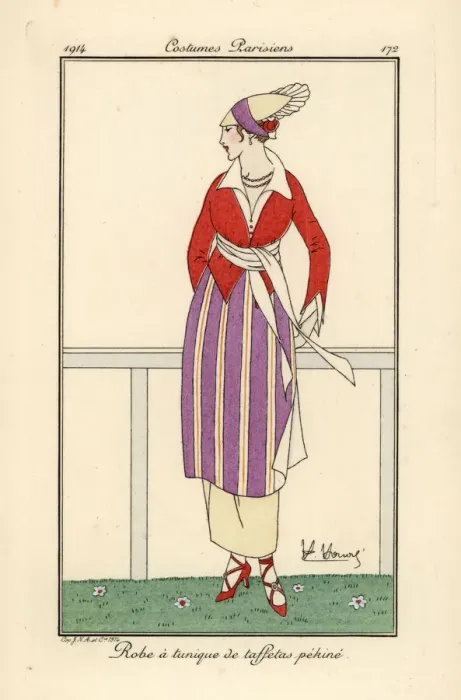 Framed Print : Woman at racetrack in dress with striped pekine