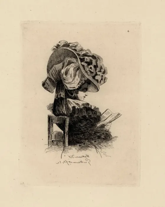 Framed Print : Woman reading a book wearing a giant bonnet, era of Framed Print : Woman reading a book wearing a giant bonnet, era of