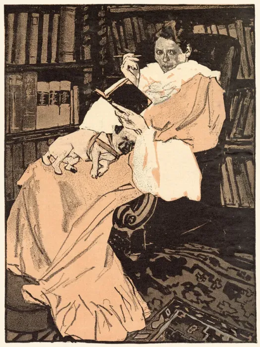 Framed Print : A woman reading with her lapdog Date: 1910 Framed Print : A woman reading with her lapdog Date: 1910