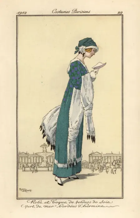 Framed Print : Woman reading a letter wearing a velvet dress and toque Framed Print : Woman reading a letter wearing a velvet dress and toque