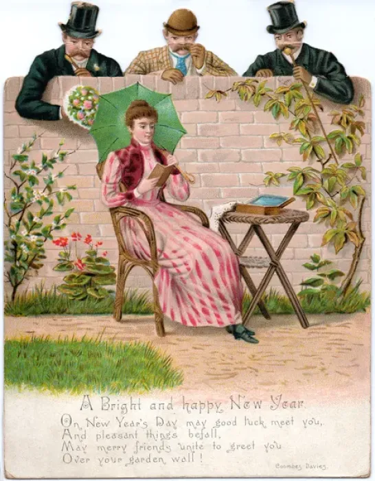 Framed Print : Woman reading on a reversible New Year card Framed Print : Woman reading on a reversible New Year card