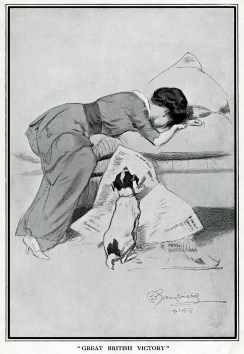 Framed Print : Woman reads the news of a great British victory, WW1 Framed Print : Woman reads the news of a great British victory, WW1