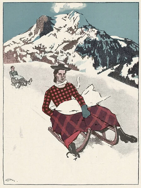 A woman in a red checked outfit travels down a slope on a toboggan. Date: 1910