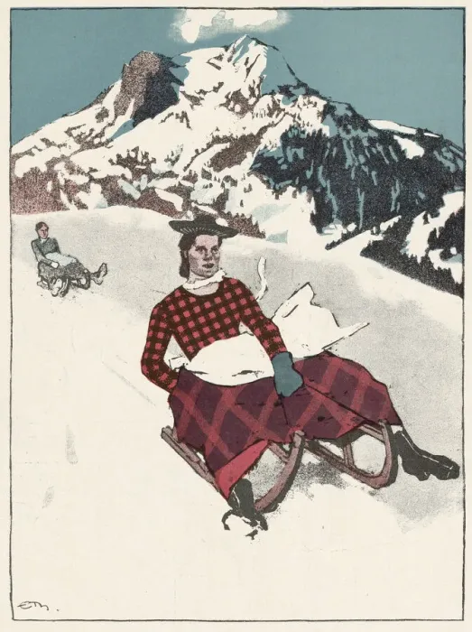 Framed Print : A woman in a red checked outfit travels down a slope on a toboggan. Date: 1910 Framed Print : A woman in a red checked outfit travels down a slope on a toboggan. Date: 1910