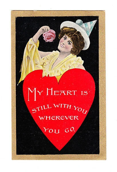 Woman with red heart on a Valentine postcard
