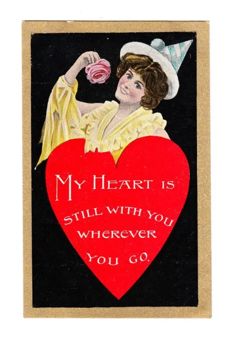 Framed Print : Woman with red heart on a Valentine postcard Framed Print : Woman with red heart on a Valentine postcard
