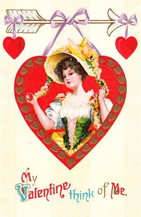 Framed Print : Woman with red hearts on a Valentine postcard Framed Print : Woman with red hearts on a Valentine postcard