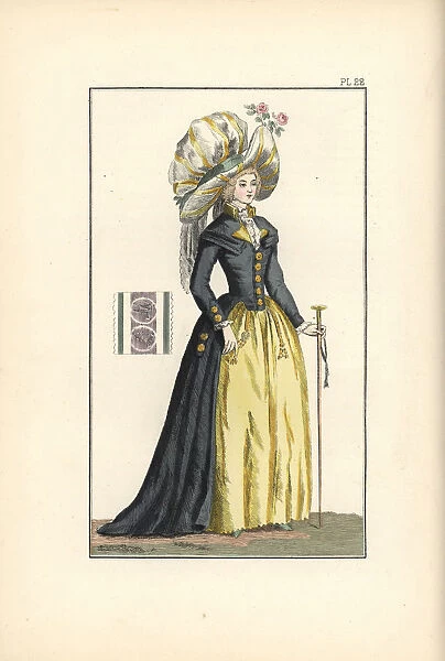 Woman in redingote with four collars, wearing