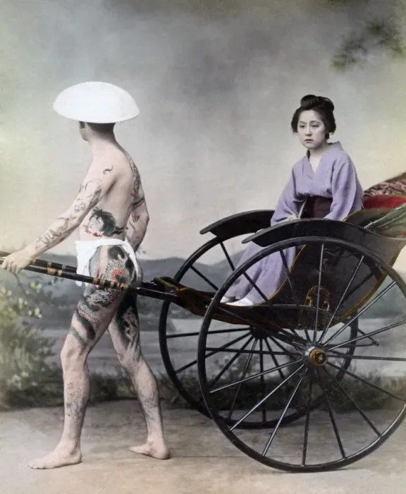 Framed Print : Woman in a rickshaw with tattooed attendant, Japan circa 189 Framed Print : Woman in a rickshaw with tattooed attendant, Japan circa 189