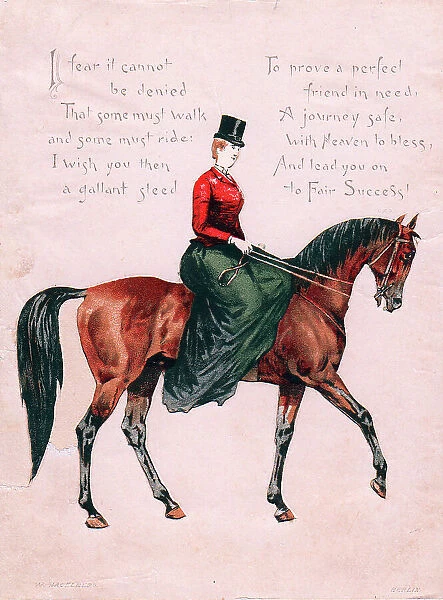 Woman riding a horse on a greetings card