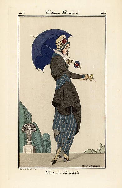 Woman in ruched dress and coat with hat and parasol