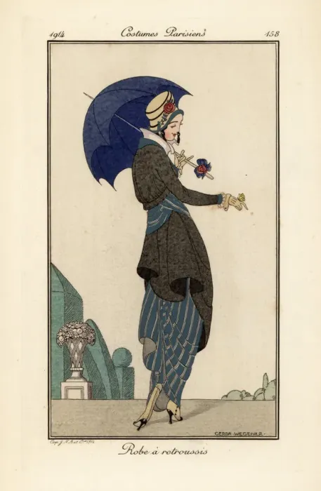 Framed Print : Woman in ruched dress and coat with hat and parasol Framed Print : Woman in ruched dress and coat with hat and parasol
