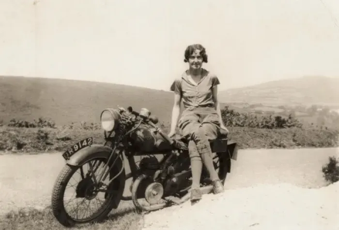 Framed Print : Woman sat on 1931 / 2 Panther motorcycle Framed Print : Woman sat on 1931 / 2 Panther motorcycle