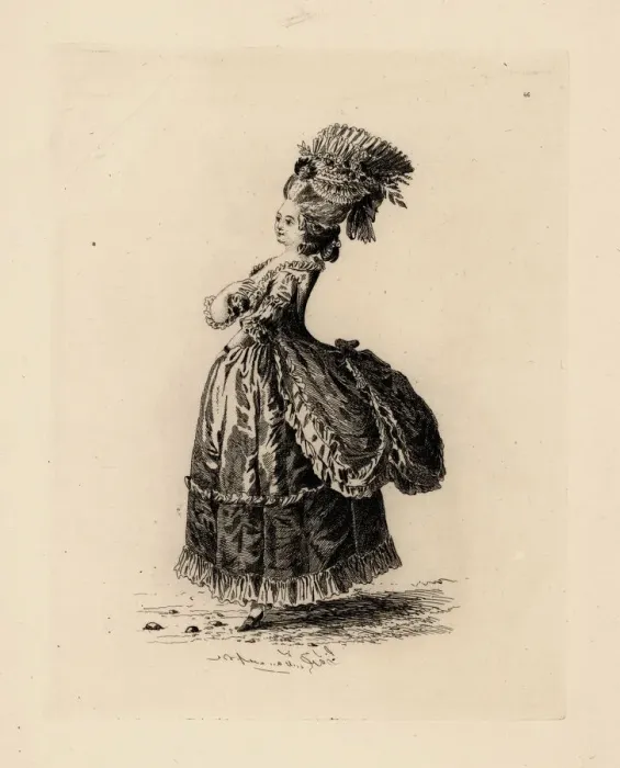 Framed Print : Woman in satin dress a la Polonaise, era of Marie Antoinette Framed Print : Woman in satin dress a la Polonaise, era of Marie Antoinette