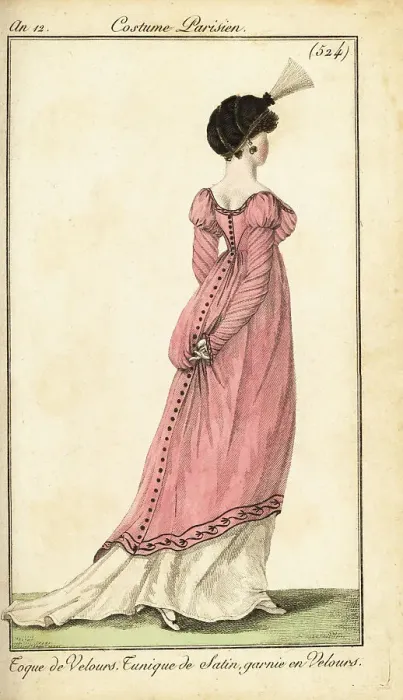 Framed Print : Woman in satin tunic dress and velvet toque, Paris, 1804 Framed Print : Woman in satin tunic dress and velvet toque, Paris, 1804
