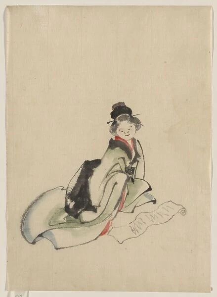 A woman seated, facing front, reading a scroll spread out in