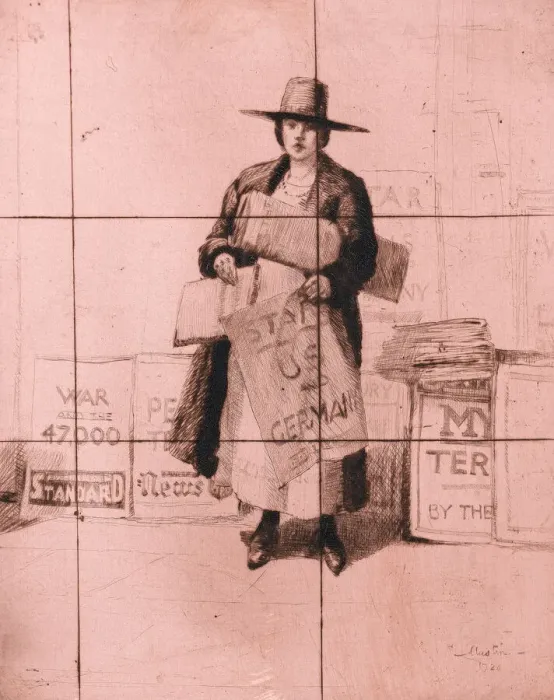 Framed Print : Woman selling newspapers announcing Peace Terms, WW1 Framed Print : Woman selling newspapers announcing Peace Terms, WW1