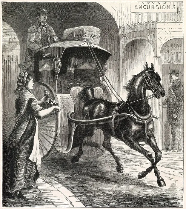 Framed Print : Woman selling small bunches of flowers to passers-by as they drive pass. Date: 1873 Framed Print : Woman selling small bunches of flowers to passers-by as they drive pass. Date: 1873