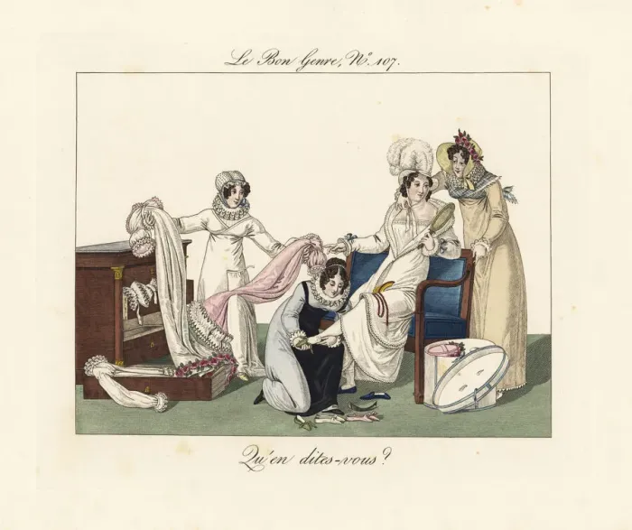 Framed Print : Woman in a shop choosing a new dress, early 19th century Framed Print : Woman in a shop choosing a new dress, early 19th century