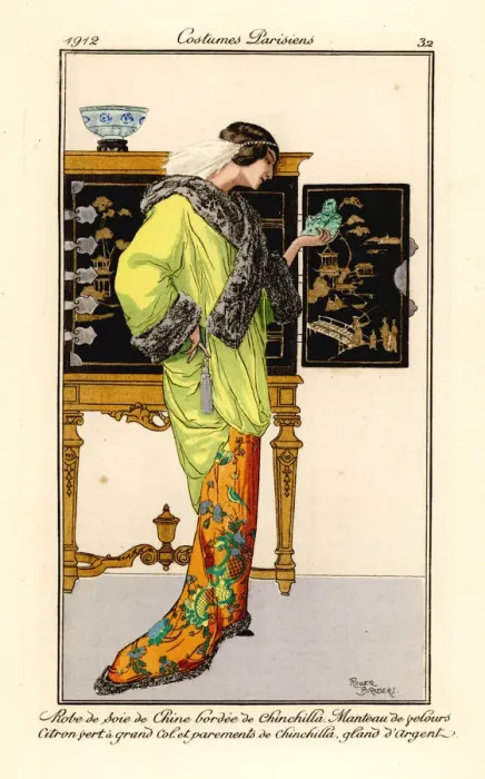 Framed Print : Woman in silk dress and velvet cape trimmed with chinchilla Framed Print : Woman in silk dress and velvet cape trimmed with chinchilla