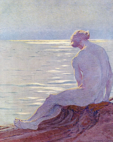 A woman sits on a rock and meditates by the edge of the sea Date: 1913