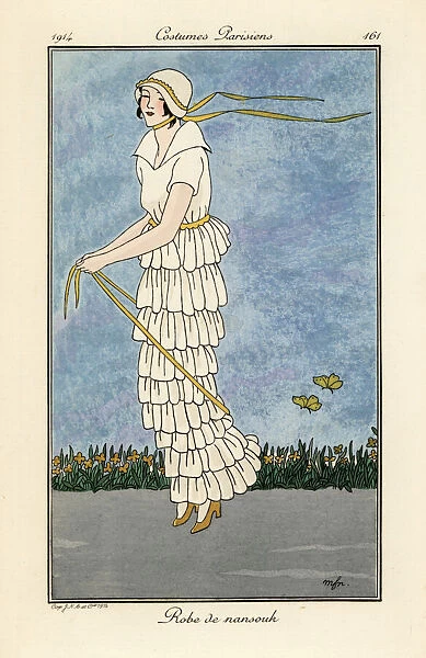 Woman skipping in white nainsook ruffled dress