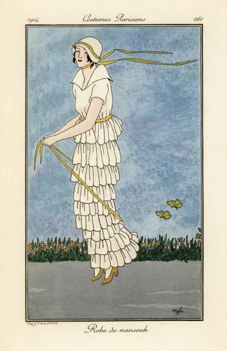 Framed Print : Woman skipping in white nainsook ruffled dress Framed Print : Woman skipping in white nainsook ruffled dress