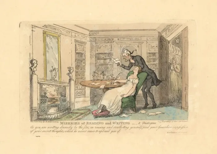 Framed Print : Woman sleeping at a desk while a man reads her secret Framed Print : Woman sleeping at a desk while a man reads her secret
