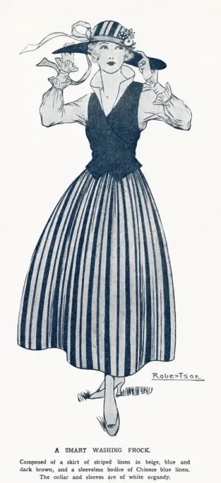 Framed Print : Woman in smart washing frock, of striped linen from the Ladies page of the Illustrated Framed Print : Woman in smart washing frock, of striped linen from the Ladies page of the Illustrated