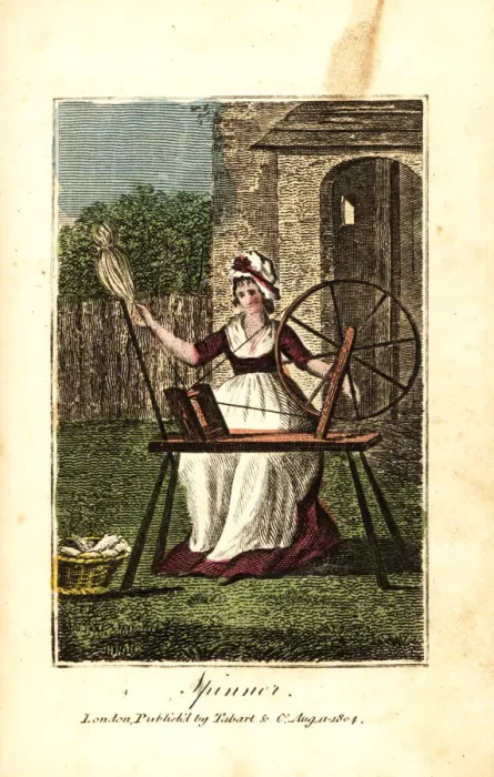 Framed Print : Woman spinner in bonnet and apron spinning Framed Print : Woman spinner in bonnet and apron spinning