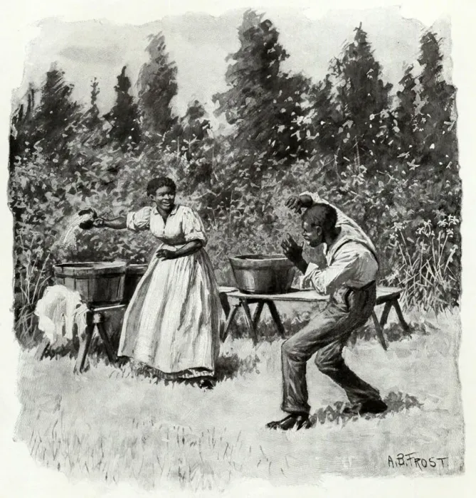 Framed Print : Woman before Splashing Man with Laundry Water Framed Print : Woman before Splashing Man with Laundry Water