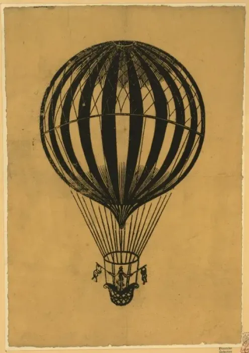 Framed Print : Woman stands in the basket of a balloon holding flags Framed Print : Woman stands in the basket of a balloon holding flags