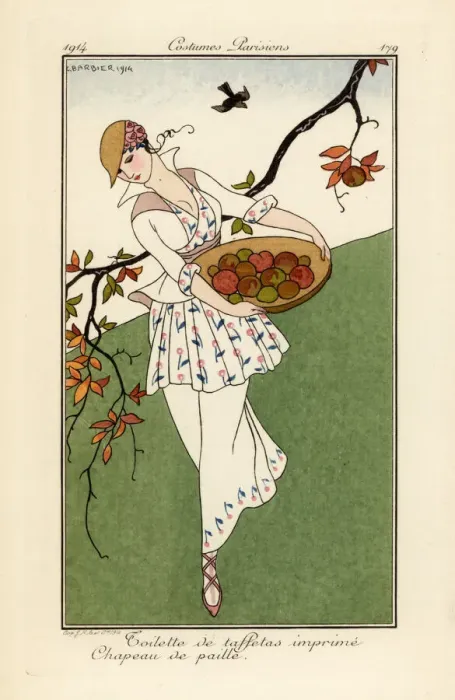 Framed Print : Woman in straw hat and dress of printed taffeta Framed Print : Woman in straw hat and dress of printed taffeta