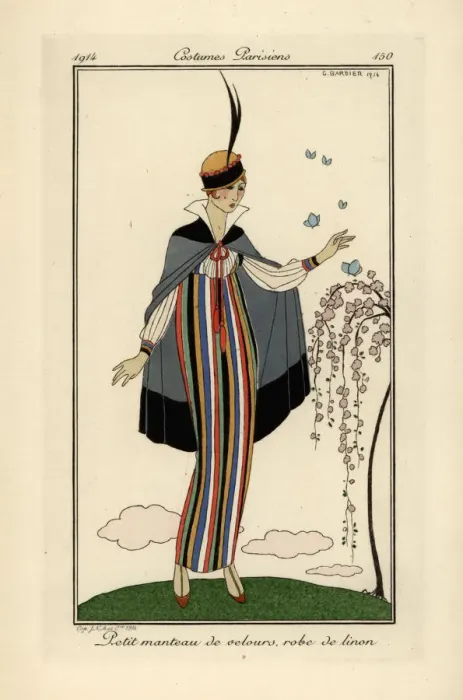 Framed Print : Woman in striped linen dress with short velvet coat Framed Print : Woman in striped linen dress with short velvet coat