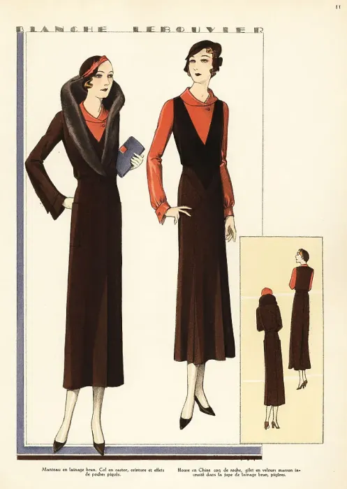 Framed Print : Woman in suit and coat of brown wool by Blanche Lebouvier, 1931 Framed Print : Woman in suit and coat of brown wool by Blanche Lebouvier, 1931
