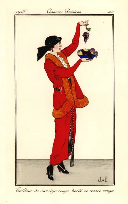 Framed Print : Woman in suit of red duvetyn with red fox fur trim Framed Print : Woman in suit of red duvetyn with red fox fur trim