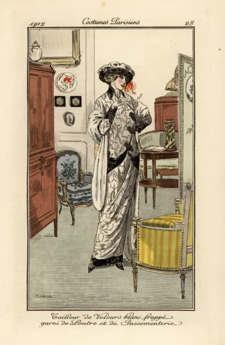 Framed Print : Woman in suit of white velvet decorated with otter Framed Print : Woman in suit of white velvet decorated with otter