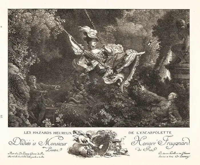 Framed Print : Woman on a swing flying over a fop, 18th century Framed Print : Woman on a swing flying over a fop, 18th century